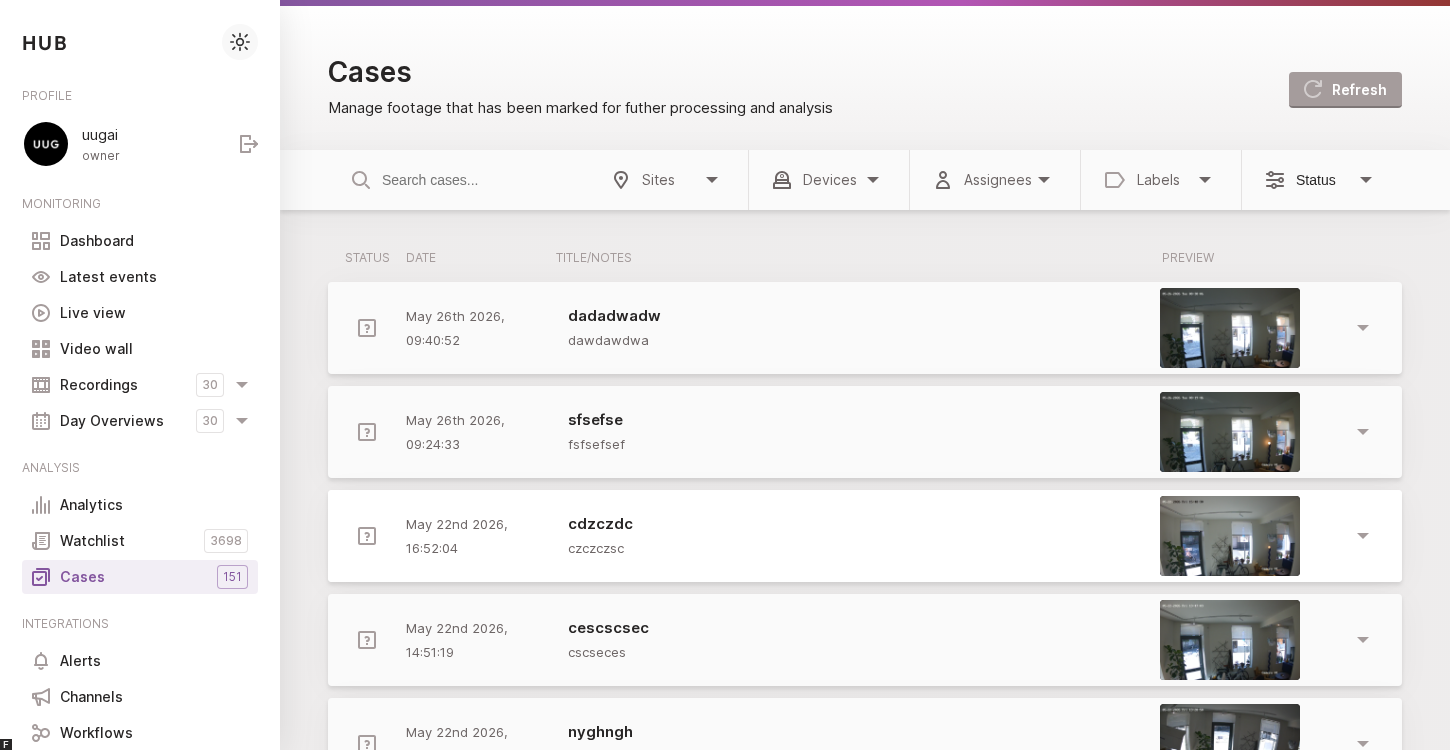 The cases overview lists every case in your account.