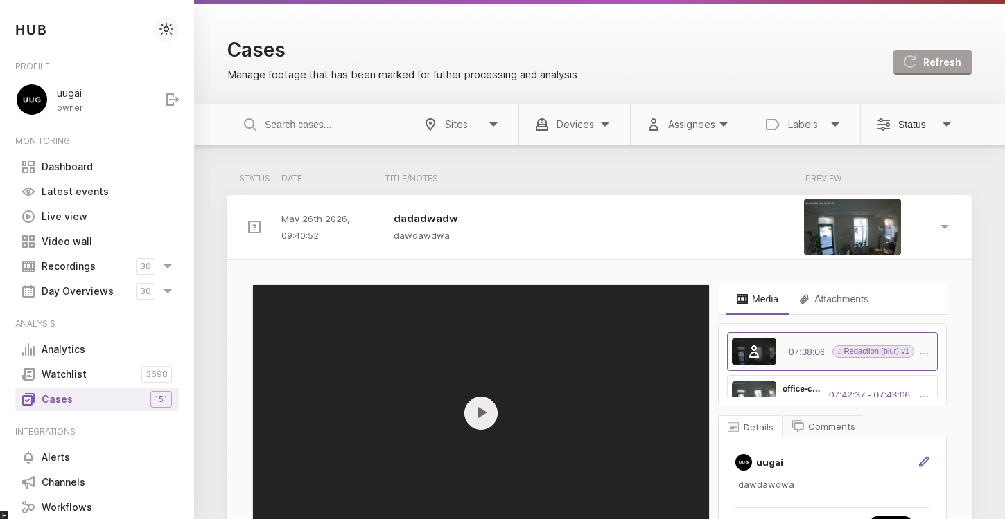 An expanded case shows the recording, details, and comments.