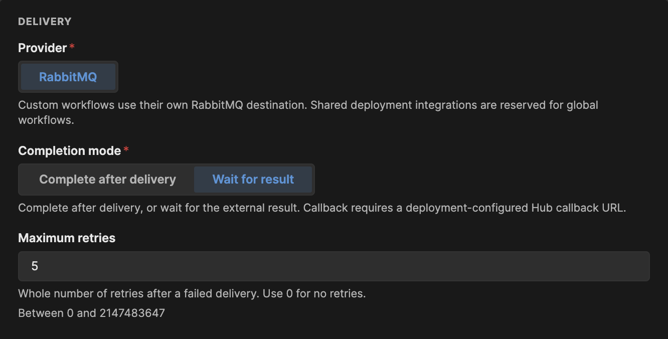 Forwarder Delivery settings with RabbitMQ and Wait for result selected