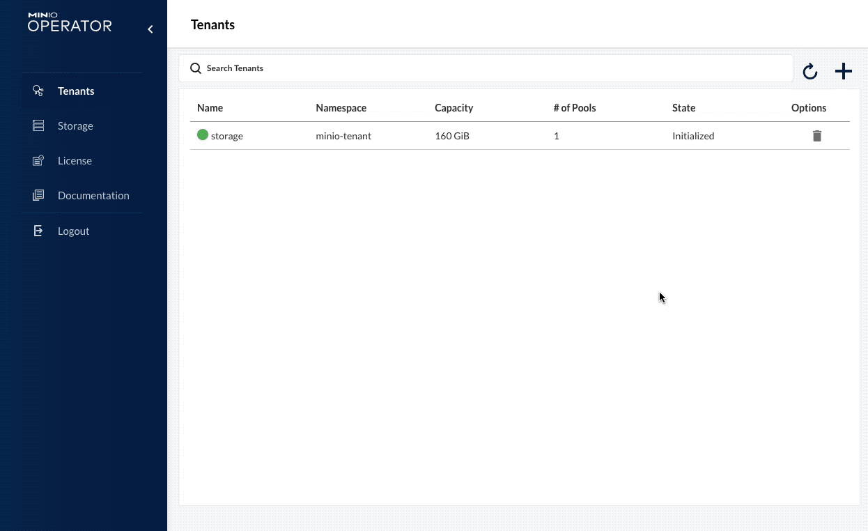 Open the MinIO Operator Console, where your tenants are managed.